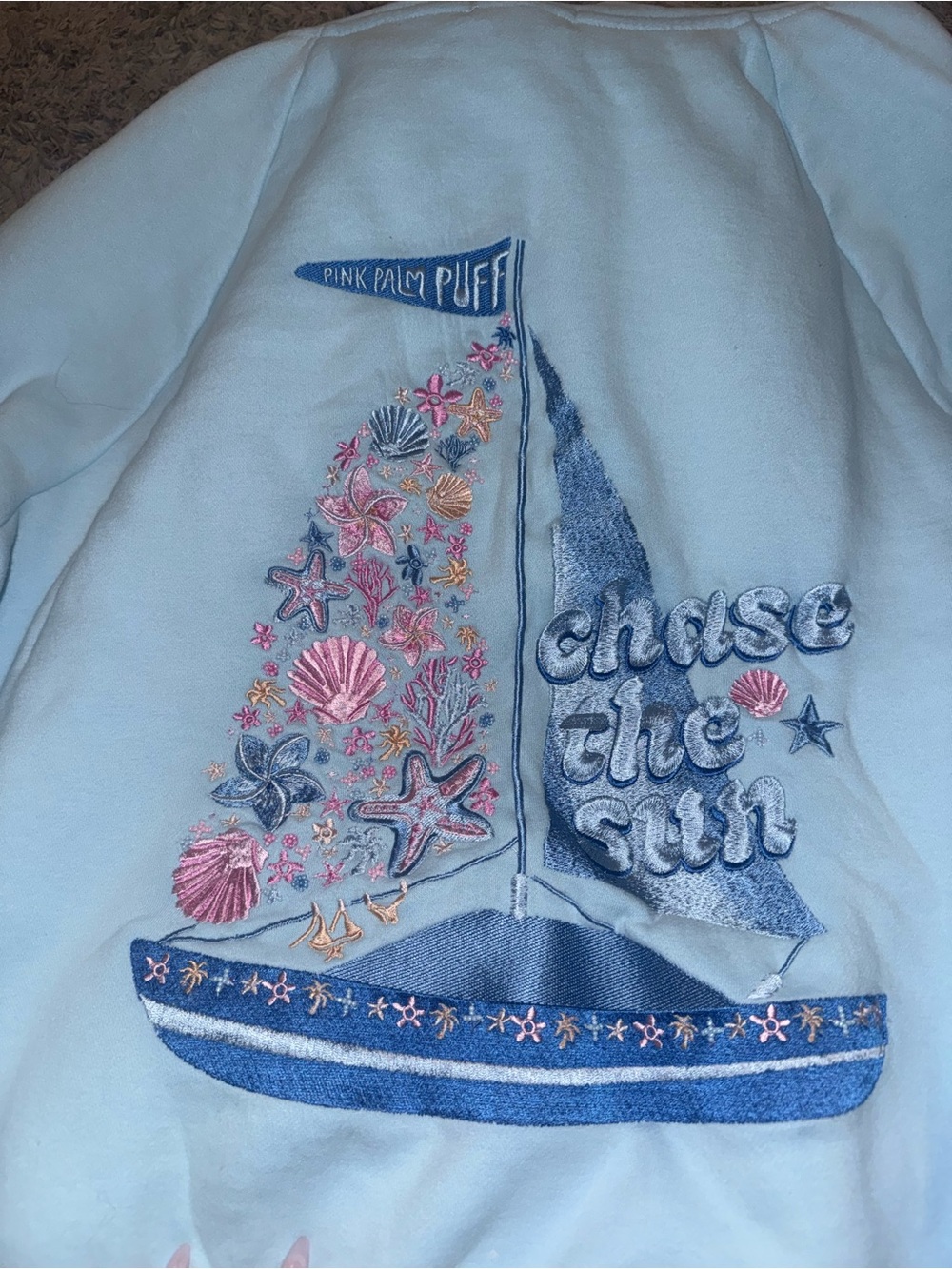 pink palm puff “Chase the Sun” Relaxed Hoodie in Sky Blue size medium